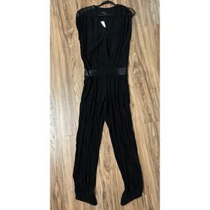 FADE TO BLUE Jumpsuit Size S Black Faux Leather Trim V Neck Sleeveless Wide Leg